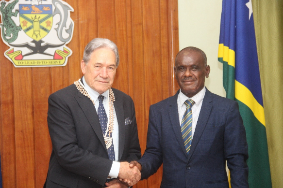 Prime Minister, Hon. Jeremiah Manele with the visiting Deputy Prime Minister of New Zealand, Hon. Winston Peters during their meeting yesterday.
