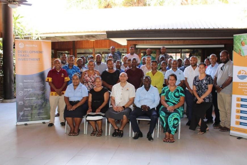 Head of PPIU Roy Lagolago (Sitting centre) Commissioner of Trade, Barret Salato (Second from right, front row) and participants of the first day session of the National Dialogue on trade in goods