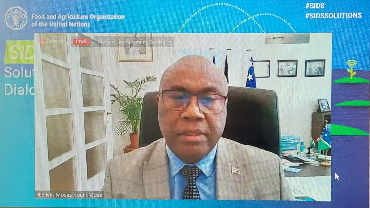 Solomon Islands Ambassador HE Mr Moses Kouni Mose presenting his statement at the 4th Global FAO SIDS Solutions Dialogue, held virtually on 18 April 2023.