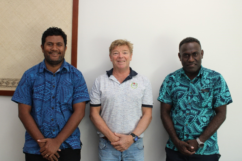 Ministry of Foreign Affairs and External Trade’s, Trade Commissioner, Barrett Salato (Right) with Andrew Coldbeck of The Job Shop after their meeting last week. On the left is PLF Labour Mobility Engagement Manager- SI, David Ramosaea.