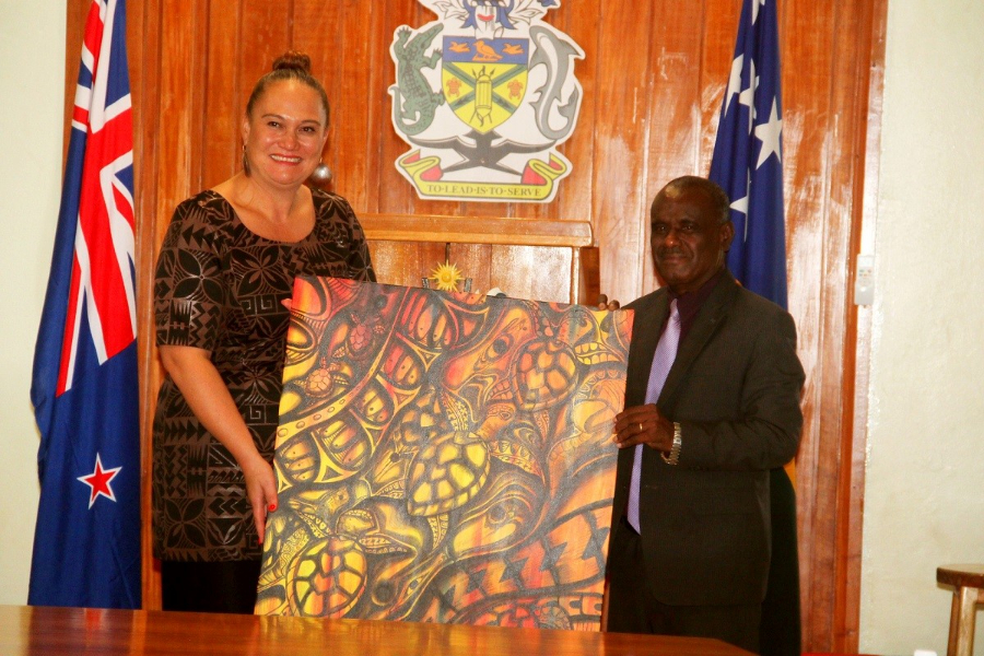 Minister of Foreign Affairs and External Trade, Hon. Jeremiah Manele presenting a gift to the Deputy Prime Minister and Associate Minister of Foreign Affairs of New Zealand, Hon. Carmel Sepuloni.