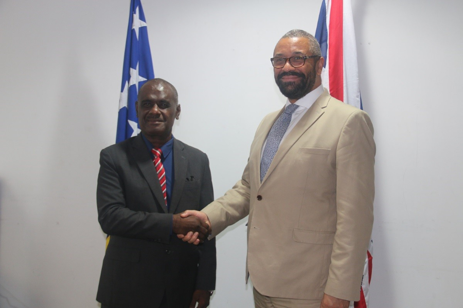 Minister of Foreign Affairs and External Trade, Hon. Jeremiah Manele and the U.K Foreign Secretary, The Rt Hon. James Cleverly before their meeting on Thursday.