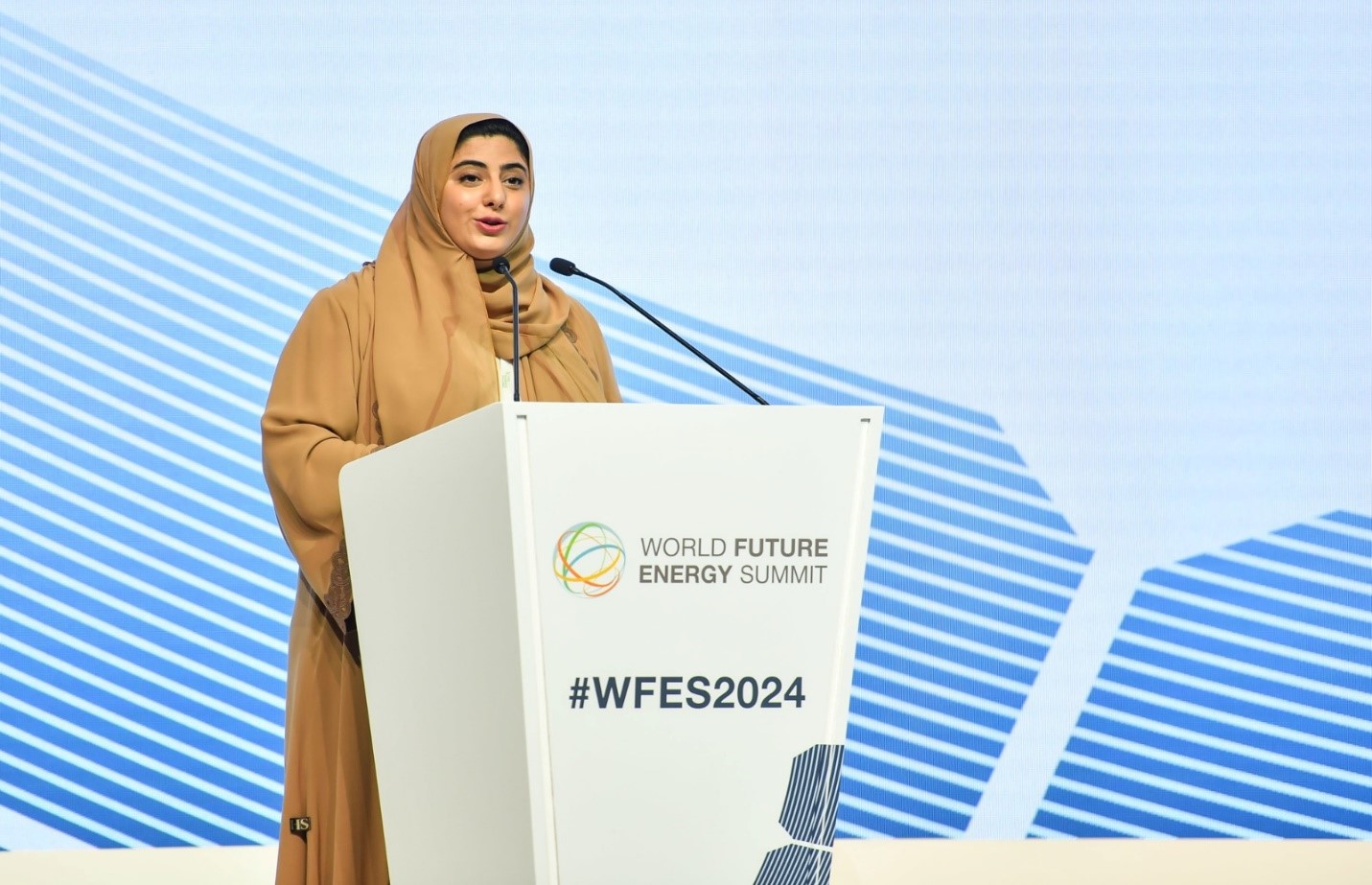Her Highness Sheika Shamma bint Sultan bin Khalifa Al Nahyan delivers her opening address at the World Future Energy Summit in Abu Dhabi. (Photo: IRENA 2024)