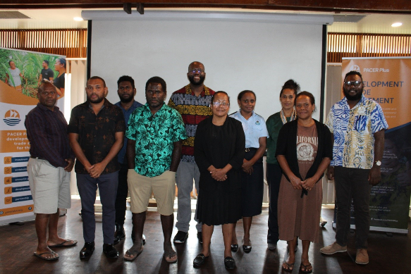Facilitators and participants of the two-days Monitoring, Evaluation, Learning and Adaptation (MELA) framework development workshop in Honiara (1-2 February 2024) with the Deputy Director of External Trade, Jenny Barile (Front with glasses).
