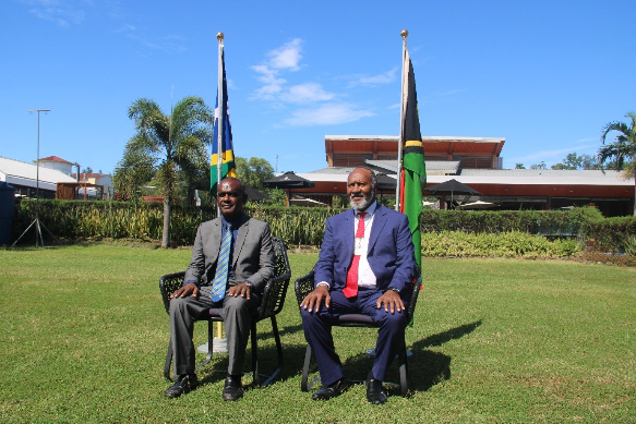 Solomon Islands Prime Minister, Hon. Jeremiah Manele and Prime Minister of the Republic of Vanuatu, Hon. Hon. Charlot Salwai Tabimasmas.