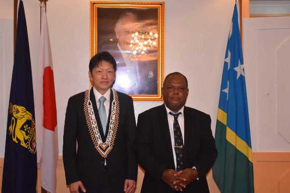 Governor General, His Excellency Rev. David Tipa Kapu with Japan’s new Ambassador to Solomon Islands, His Excellency Keiichi Hagiuchi.